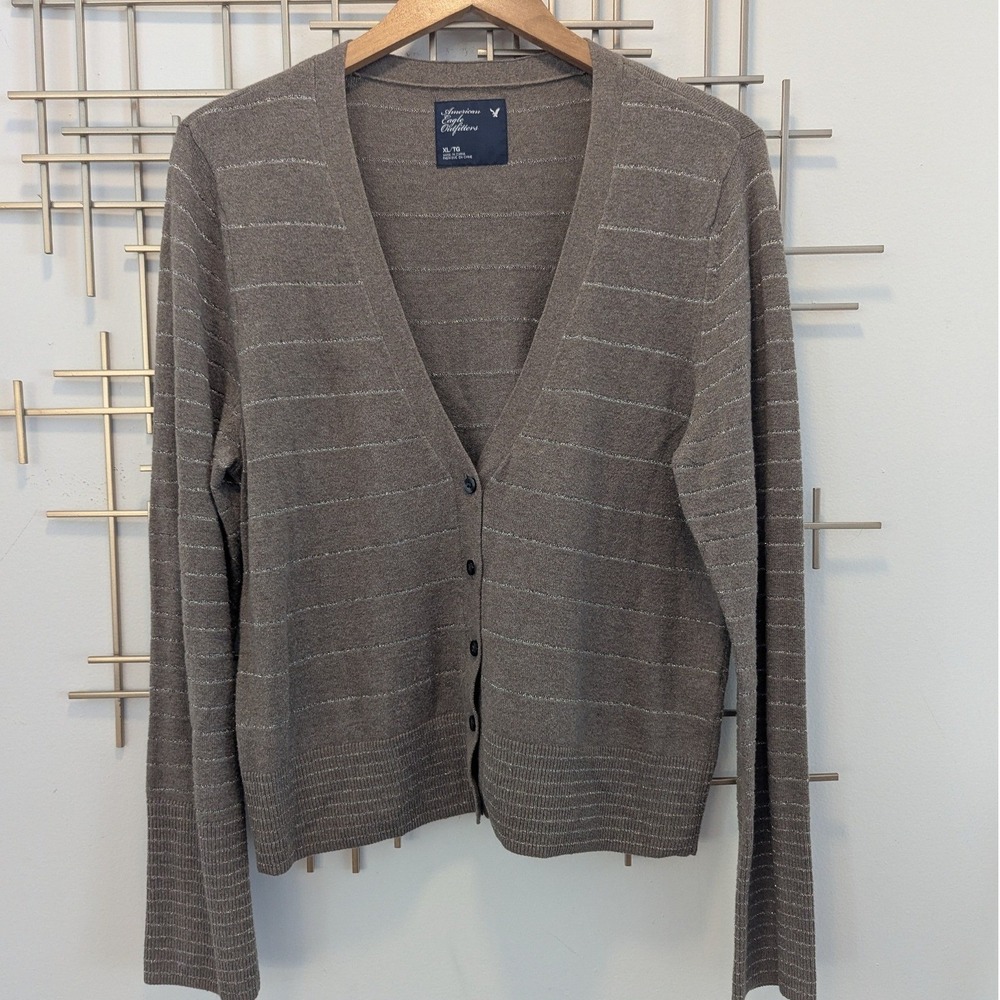 American Eagle Cardigan Brown Silver Metallic Striped V-Neck XL Shimmer Neutral